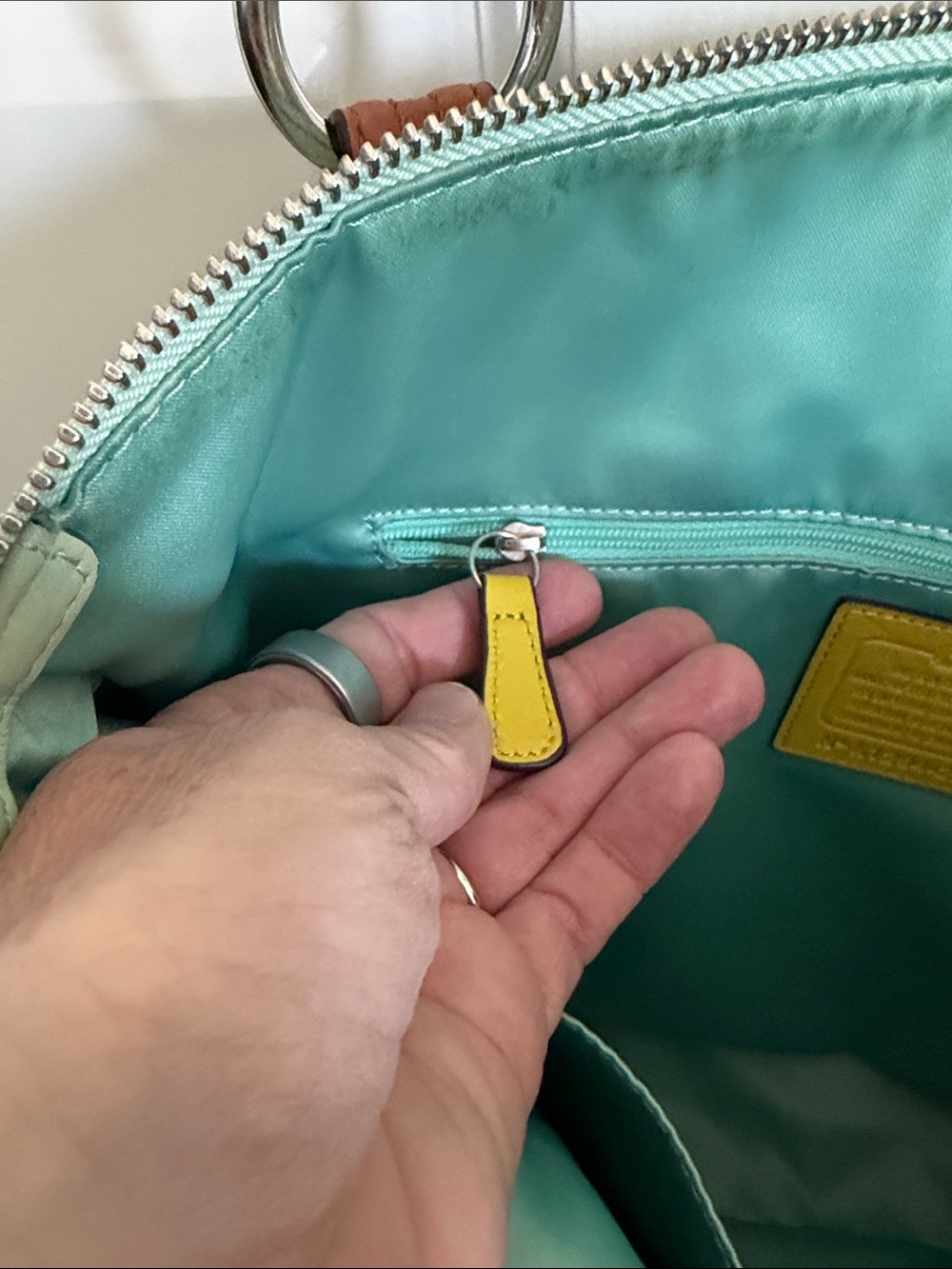 RARE Coach Hallie color block shoulder bag in aqua blue and lime green - Picture 14 of 16